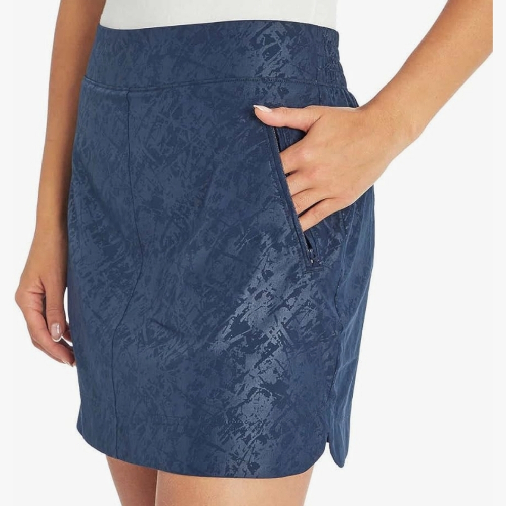 Orvis Travel Skort Blue Embossed Print Pull On Built In Short Zip Pockets Size L - Picture 2 of 13